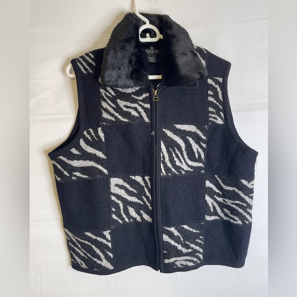 Tally Ho Womens Size Size Large Wool Vest Animal Print Faux Fur Collar Black1682